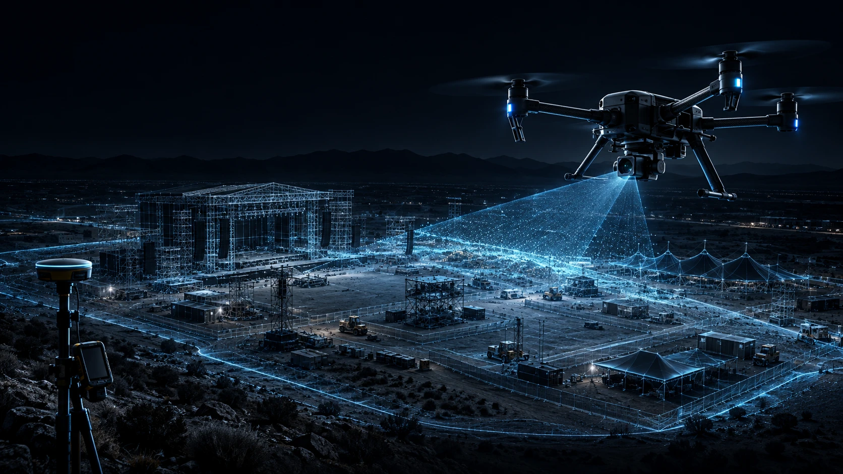 Concept illustration of aerial mapping across an outdoor event site.