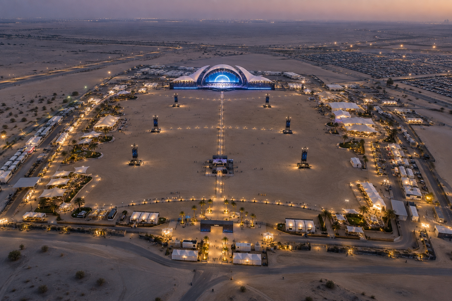 Expansive festival grounds transitioning between a realistic aerial view and its cyan particle visualization.